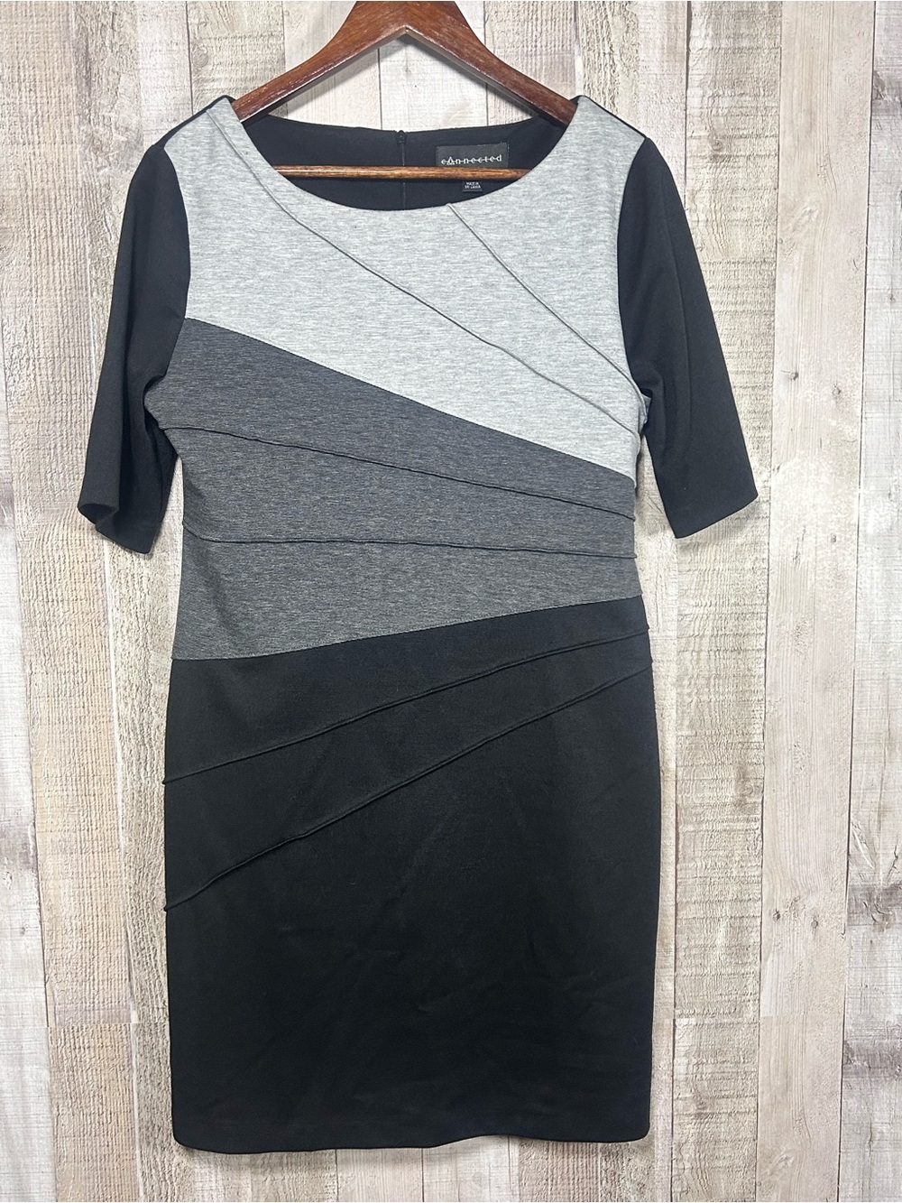 Connected Petite 10P Colorblock Sheath Dress Black Gray Asymmetric
Midi